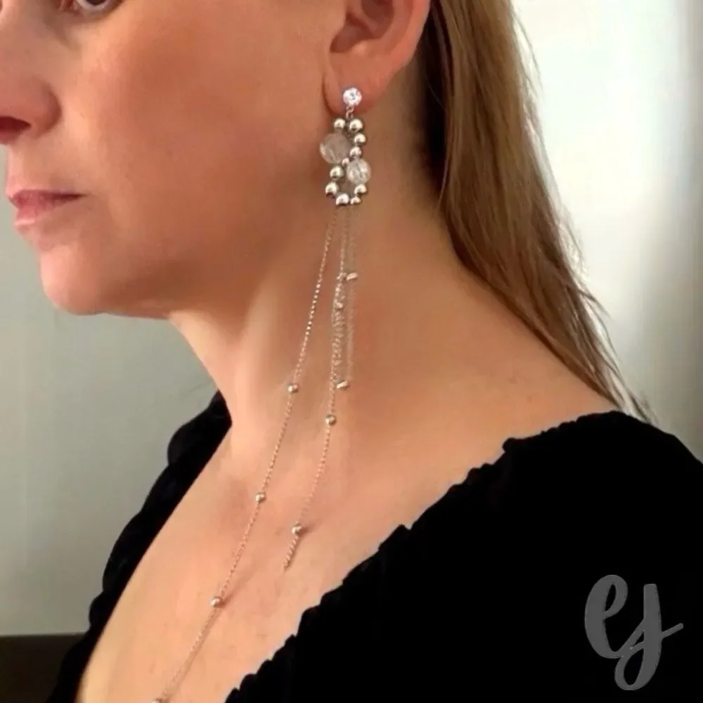 Dione Long Fringe Silver Tone Chain Drop Earrings with Crystal Accents